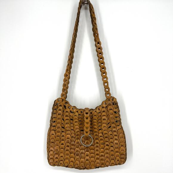 Handwoven Leather Crocheted Shoulder Bag Purse Caramel - Picture 1 of 10